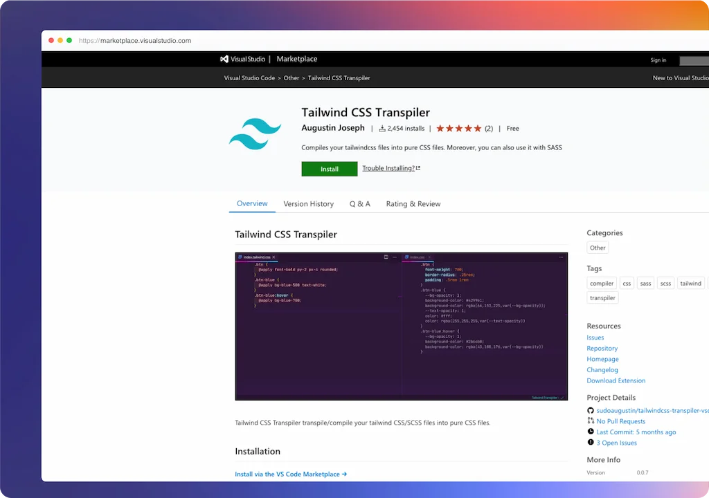 Tailwind CSS Transpiler - Compiles your tailwindcss files into pure CSS  files. Moreover, you can also use it with SASS